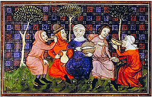 manuscript illumination of peasants breaking bread, French, 14th century